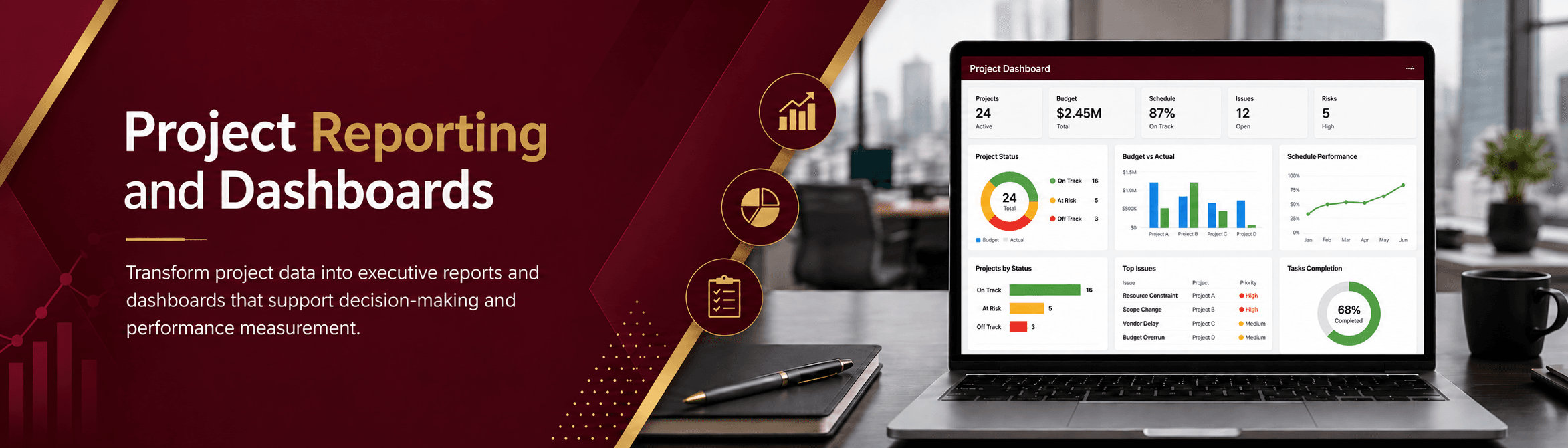 إعداد التقارير التنفيذية ولوحات مؤشرات المشاريع